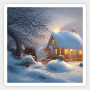 Magical Fantasy House with Lights in a Snowy Scene, Fantasy Cottagecore artwork Magnet